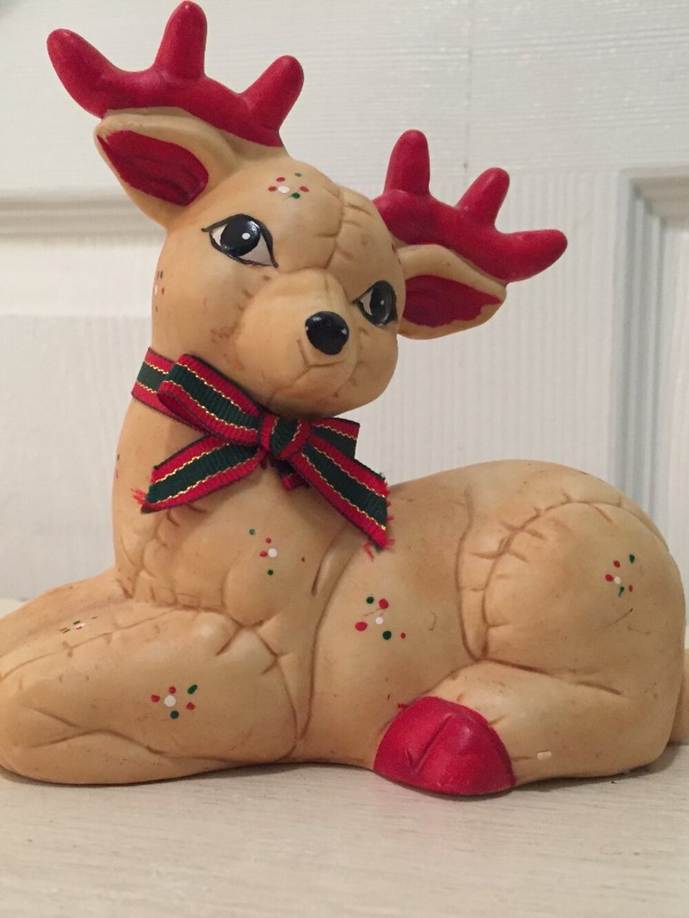 Vintage 1980s Ceramic Reindeer Kimple Figurine Quilted Hand Painted Laying 5"